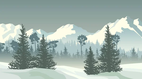 Illustratie van winter naaldhout bos met bergen. — Stockvector