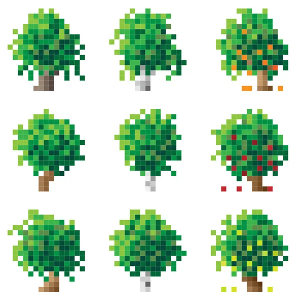 Set of pixel tree(birch, oak, apple-tree). — Stock Vector