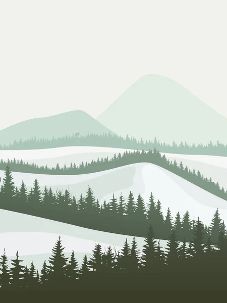 山の針葉樹林に冬のイラスト. — ストックベクタ