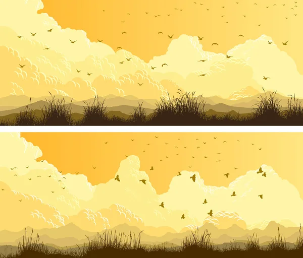 Horizontal wide banners of flock, clouds and meadows. — Stock Vector