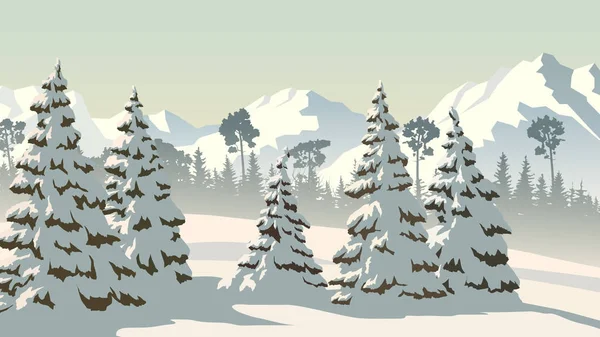 Ilustración horizontal del bosque de coníferas de invierno con mountai — Vector de stock