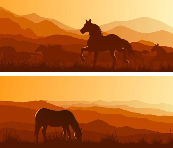 Banderas horizontales anchas de caballos pastando en prados . — Vector de stock