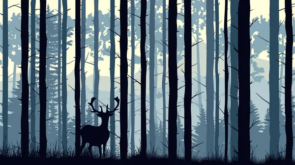 Horizontální ilustrace jeleny v borovém lese. — Stockový vektor