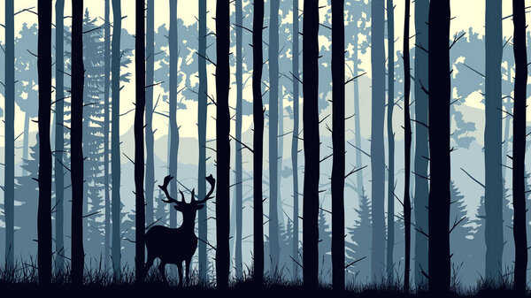 Горизонтальная иллюстрация оленя в сосновом лесу
.