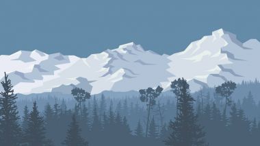 Karlı Dağları ile iğne yapraklı orman kış resmi.