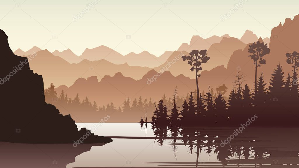 Illustration of forest hills with its reflection in lake.