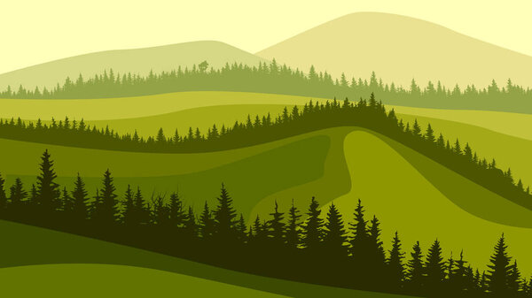 Horizontal illustration of meadow hills and wavy coniferous forest tops.