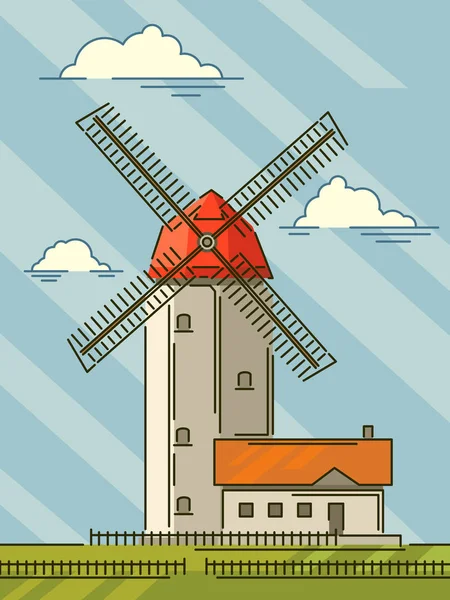 Ilustraciones de dibujos animados simples de molino de viento en el cielo azul . — Vector de stock