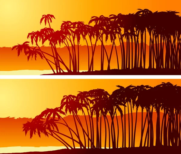 Horizontale spandoeken van palmbomen op het strand bij zonsondergang. — Stockvector