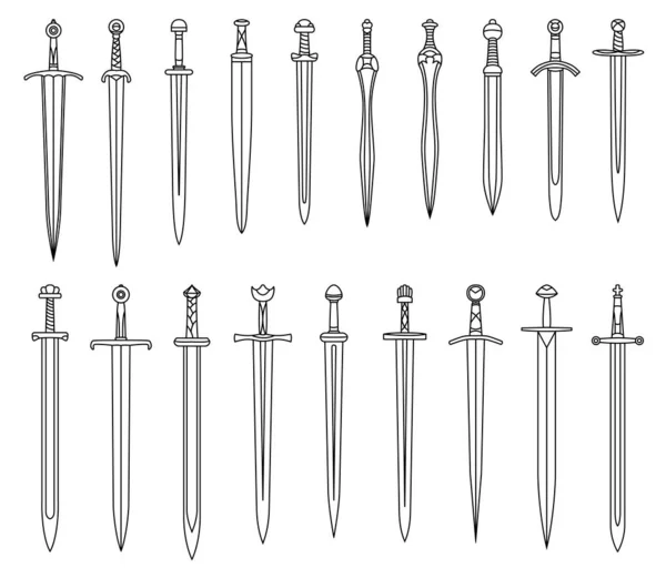 Conjunto de imagens monocromáticas simples de espadas curtas medievais desenhadas por linhas . — Vetor de Stock