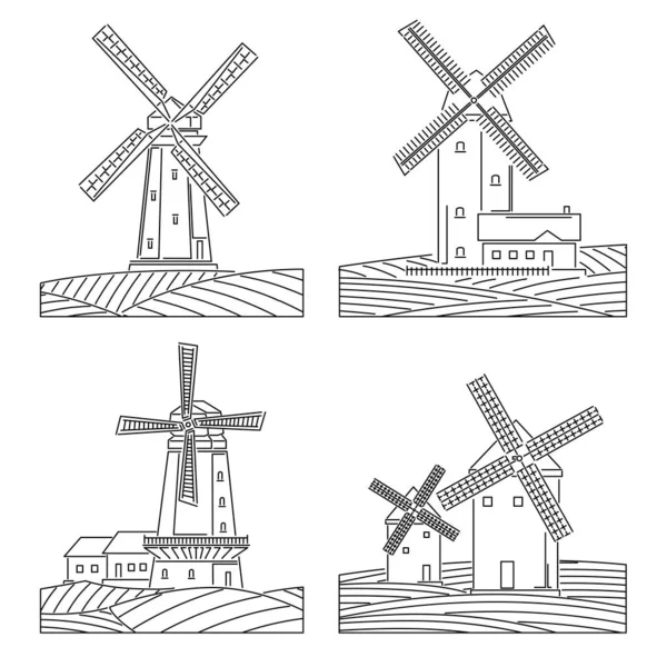 Набор простых линейных иллюстраций ветряных мельниц с полями . — стоковый вектор