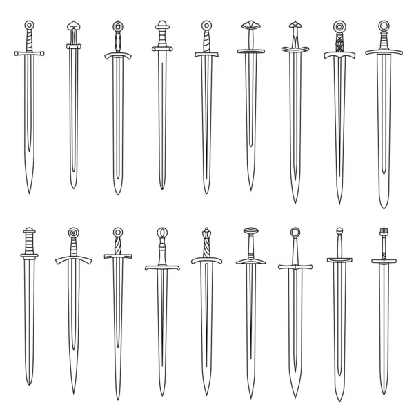 Набор простых монохромных изображений средневековых коротких мечей, нарисованных линиями . — стоковый вектор