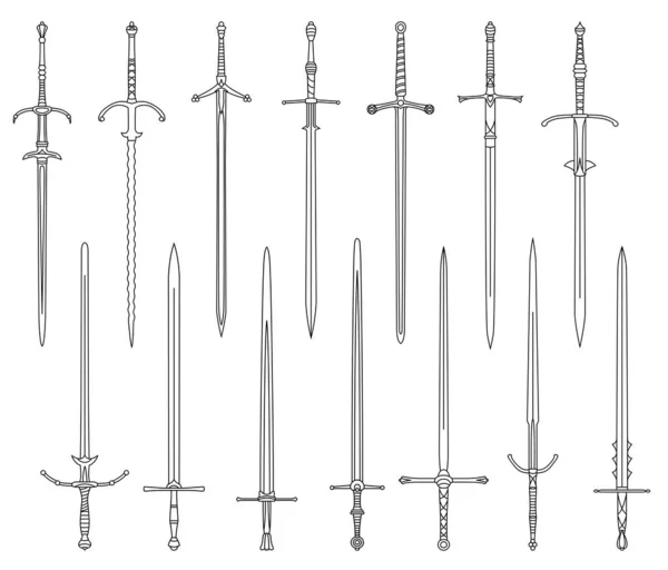 Conjunto de imagens monocromáticas simples de espadas medievais de duas mãos desenhadas por linhas . —  Vetores de Stock