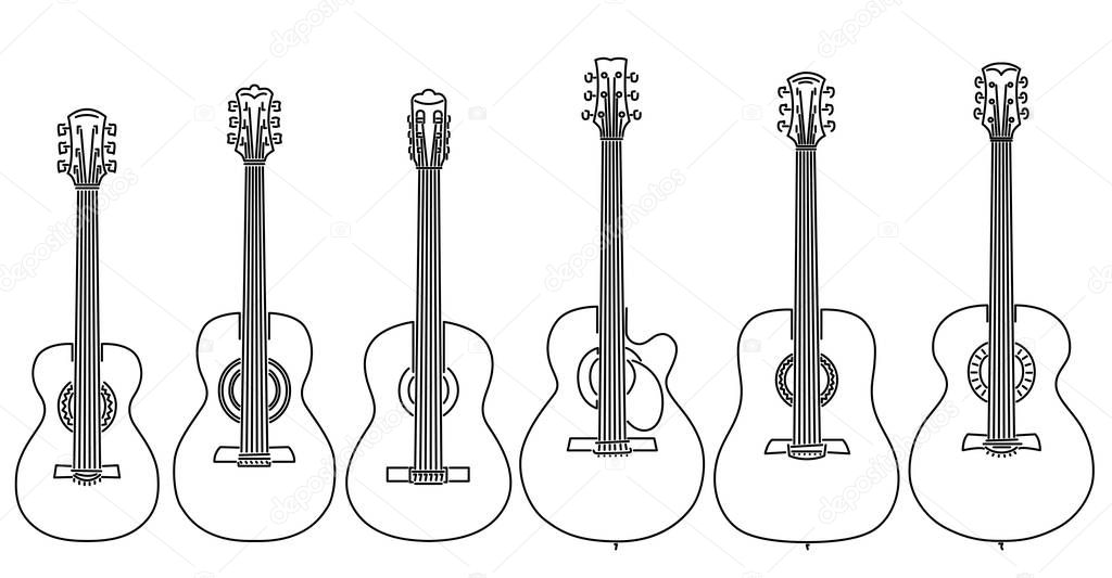 Set of vector stringed musical instruments drawn by lines.