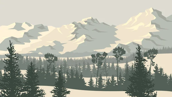 Ilustração da paisagem com floresta de coníferas de inverno e montanhas . —  Vetores de Stock