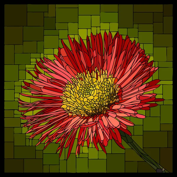 Vector stained glass window with blooming red erigeron. — 스톡 벡터