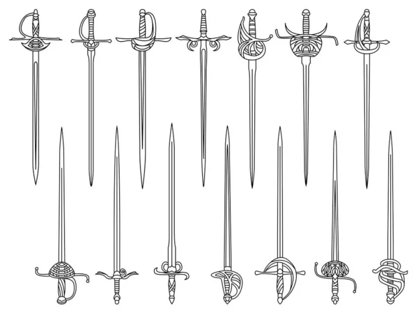 Set of simple monochrome images of epees and rapiers drawn by lines. — Stock Vector