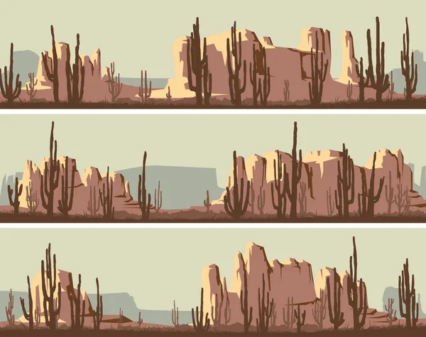 Bandeiras horizontais estilizadas de deserto selvagem ocidental e céu azul . —  Vetores de Stock