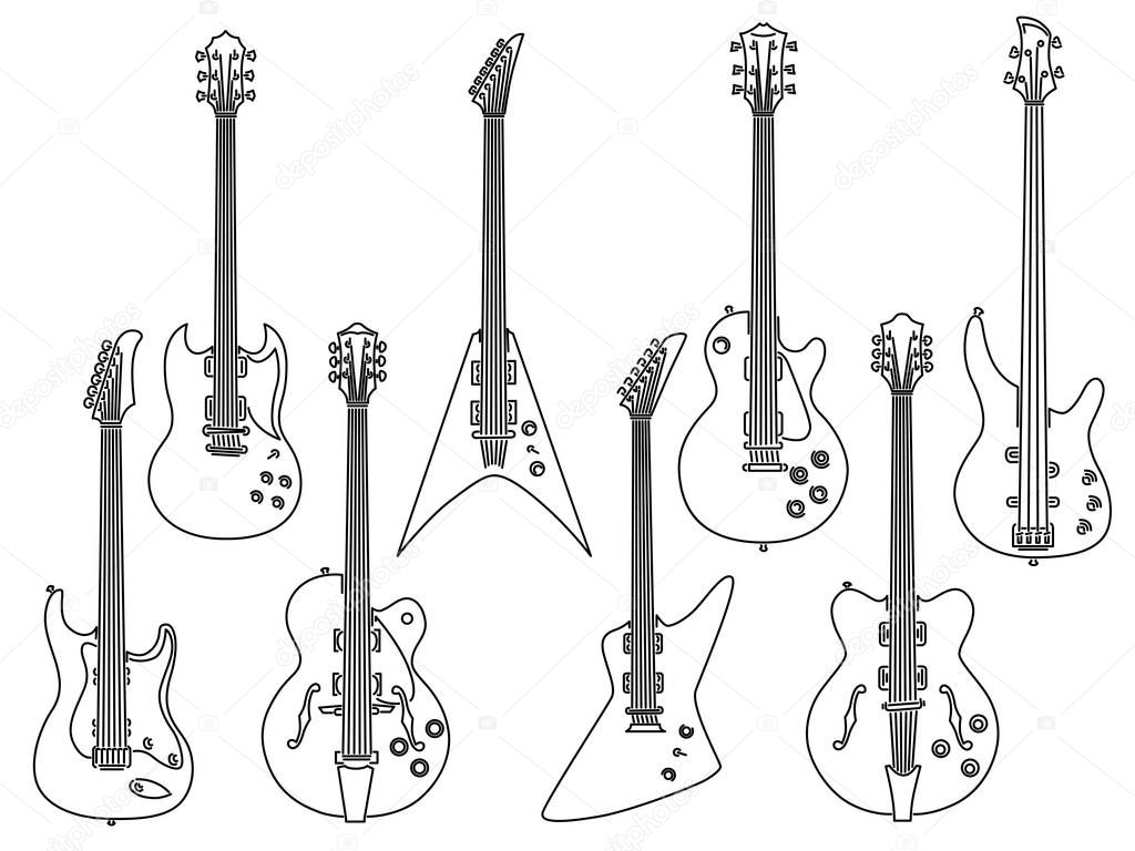 Set of vector stringed electric musical instruments drawn by lines.