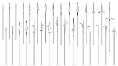 Ortaçağ mızrakları ve halkalarının çizgilerle çizilmiş basit monokrom resimleri..