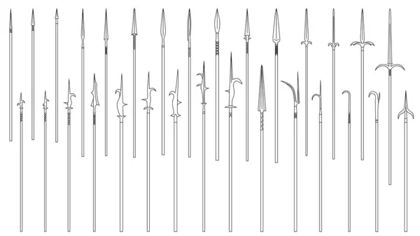 Set of simple monochrome images of medieval spears and halberds drawn by lines. — 스톡 벡터