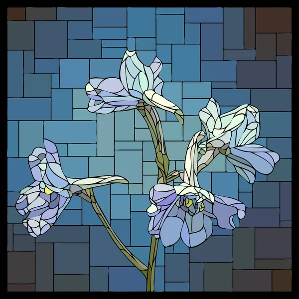 Διάνυσμα βιτρό παράθυρο με ανθισμένα λουλούδια από μπλε δελφίνια. — Διανυσματικό Αρχείο