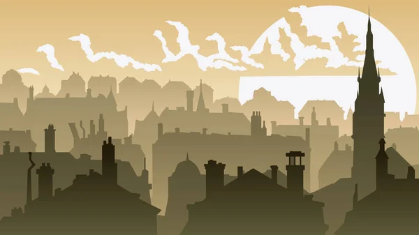 Horisontell illustration av stadens centrum vid solnedgången. — Stock vektor