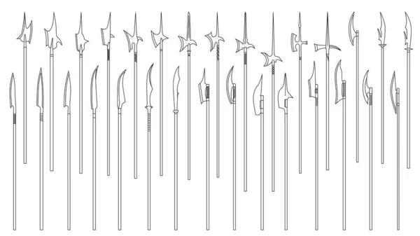 Conjunto de imágenes monocromas simples de polos medievales y alabardas dibujadas por líneas . — Archivo Imágenes Vectoriales