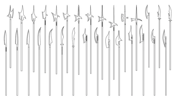 Set eenvoudige monochrome beelden van middeleeuwse poleaxen en hellebaren getekend door lijnen. — Stockvector