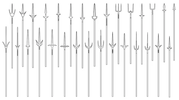 Set of simple monochrome images of medieval spears and tridents drawn by lines. — 스톡 벡터