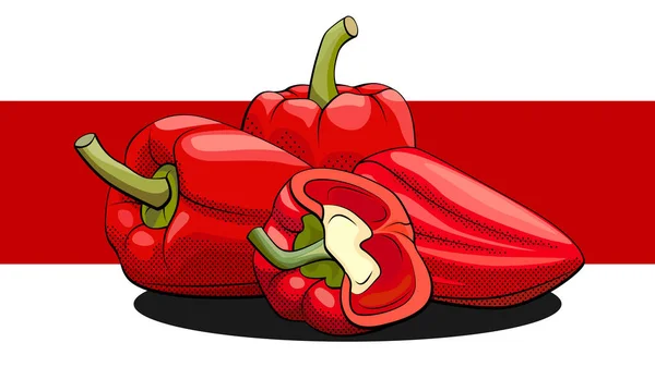 Ilustração vetorial de pimentas doces com metades em uma faixa vermelha —  Vetores de Stock