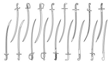 Kılıç kılıçlarının çizgilerle çizilmiş basit monokrom resimleri kümesi.