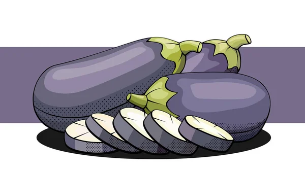 Vektor illustration av auberginer med skivor på en lila rand. — Stock vektor
