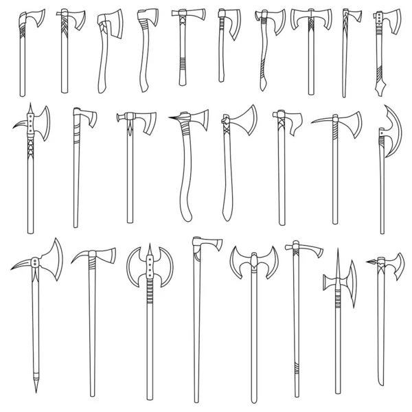Set Simple Monochrome Vector Images Medieval Axes Hatchets Drawn Lines — Stock Vector