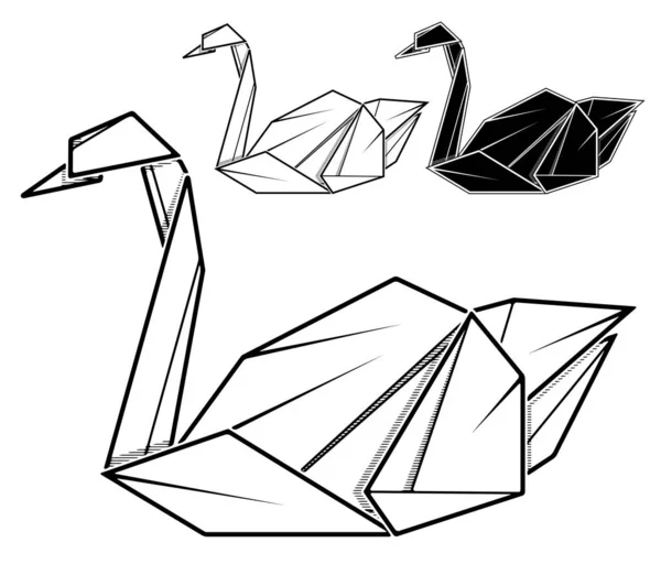 Kağıt Kuğu Origamisinin Vektör Monokrom Görüntüsü Satır Satır Kontur Çizimi — Stok Vektör