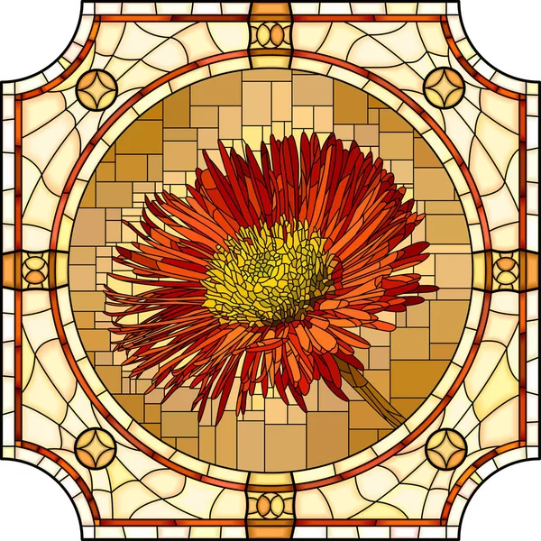 Vector Mosaic Blooming Red Erigeron Flowers Stained Glass Frame — Stock Vector
