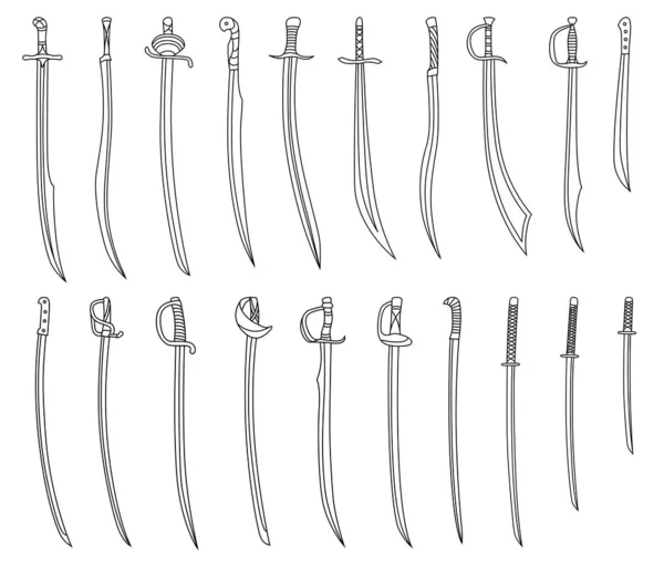 一组用线条绘制的刀剑和弯刀的单色矢量图像 — 图库矢量图片