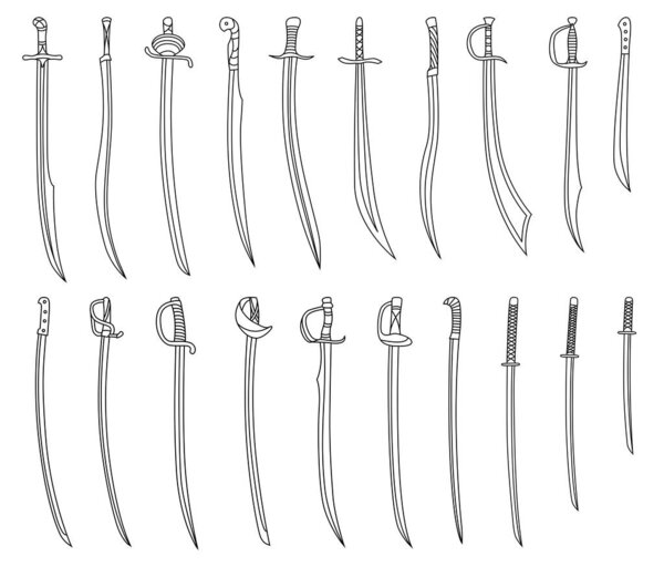 Set of simple monochrome vector images of sabers and cutlasses drawn by lines.