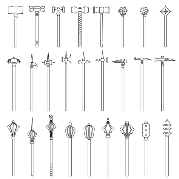 Conjunto Simples Imagens Vetoriais Monocromáticas Martelos Guerra Medievais Macas Desenhadas —  Vetores de Stock