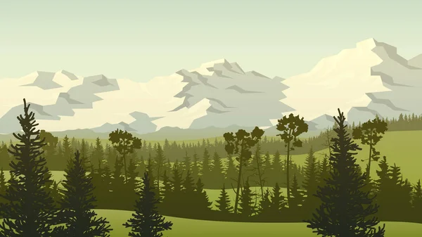 Ilustração Horizontal Paisagem Com Colinas Verdes Prados Gramados Com Topos — Vetor de Stock