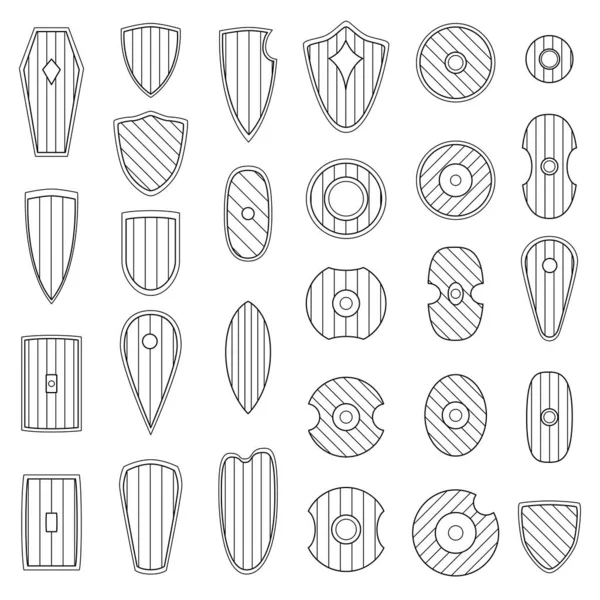Conjunto Simples Imágenes Vectoriales Monocromáticas Escudos Medievales Hebillas Dibujadas Por — Vector de stock