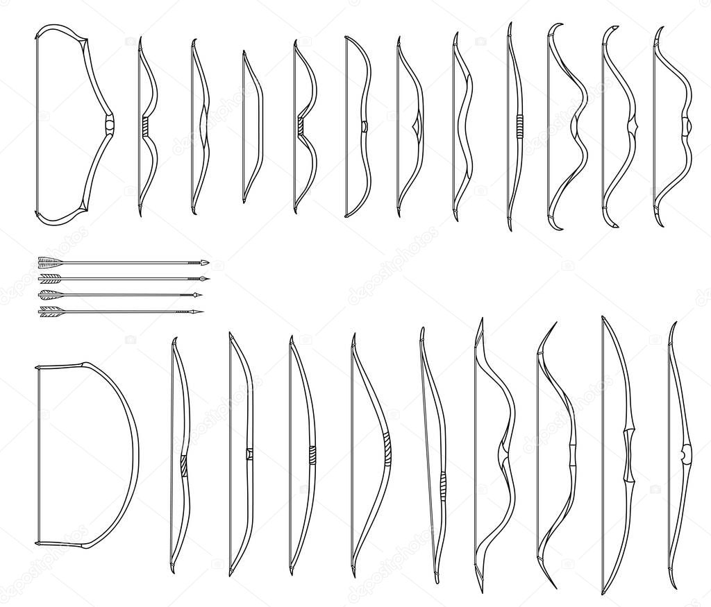 Set of simple monochrome vector images of medieval bows and arrows drawn by lines.
