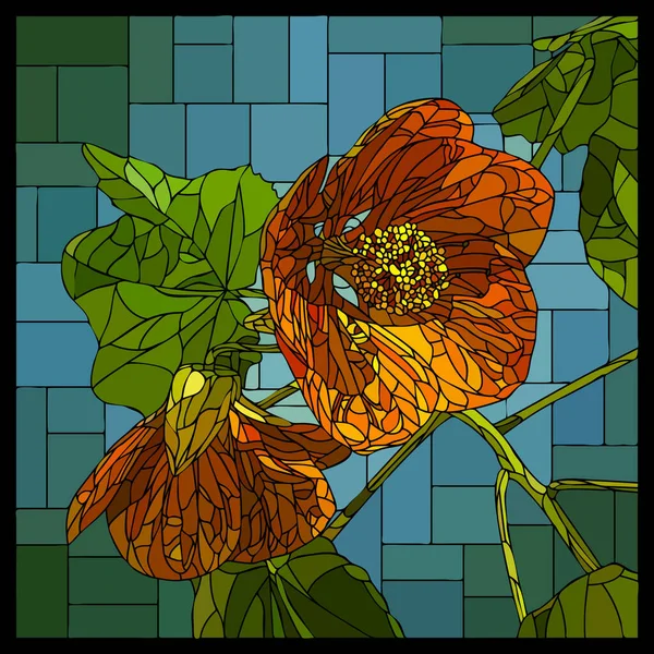 Vector Vierkante Mozaïek Met Twee Bloeiende Oranje Abutilon Bloemen Glas — Stockvector