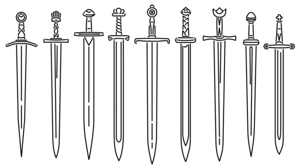 Conjunto Imágenes Vectoriales Simples Espadas Cortas Medievales Dibujadas Estilo Línea — Archivo Imágenes Vectoriales