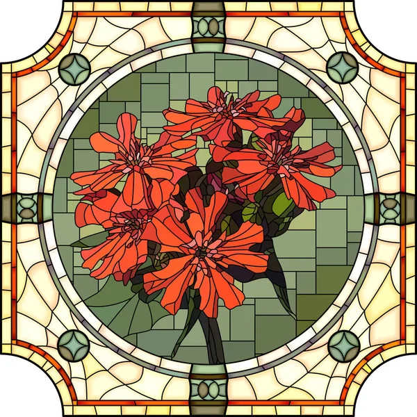 Vector Mosaic Blooming Red Lychnis Flowers Decorative Stained Glass Frame — Stock Vector