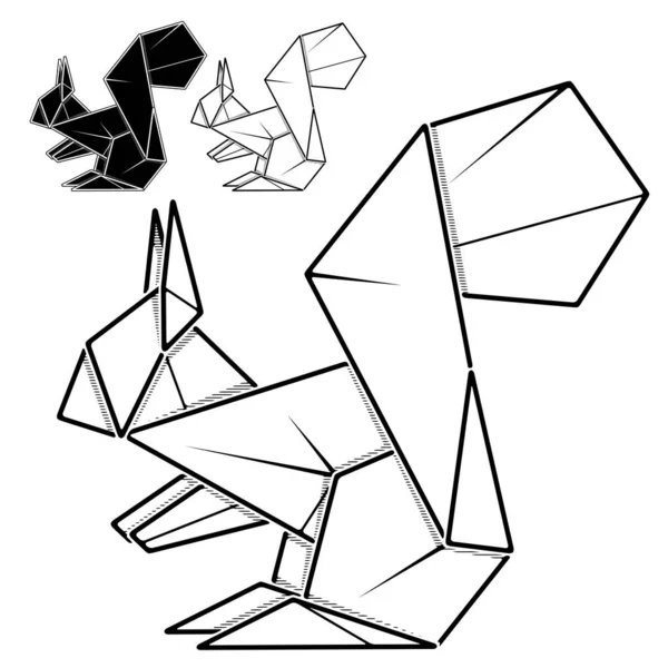 Kağıt Sincap Origamisinin Vektör Monokrom Görüntüsü Satır Satır Kontur Çizimi — Stok Vektör