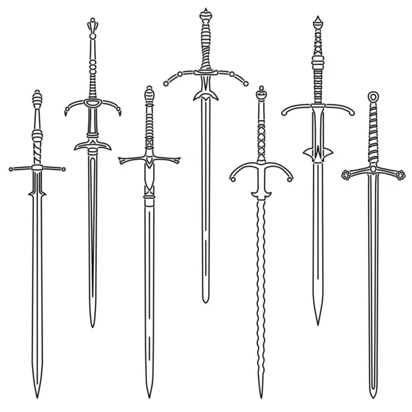Conjunto Imagens Vetoriais Simples Espadas Medievais Duas Mãos Desenhadas Estilo —  Vetores de Stock