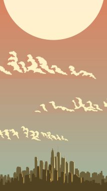 Günbatımı, bulutlar ve soyut büyük şehir ile dikey illüstrasyon ve güneşten parlayan gökdelenler.