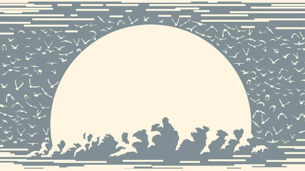 简单的单色卡片 日落在云彩后面 成群的鸟儿围绕着 文字的地方 — 图库矢量图片