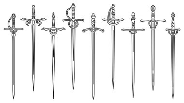 Sanat çizgisi biçiminde çizilmiş rapiers ve epees basit vektör resimleri kümesi.